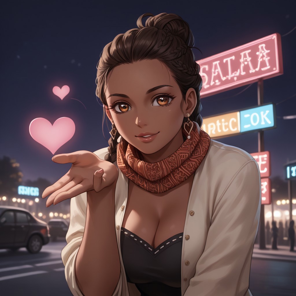 Haruka is wearing high-waisted jeans, black crop top under a white blouse, sneakers and an Afrocentric scarf