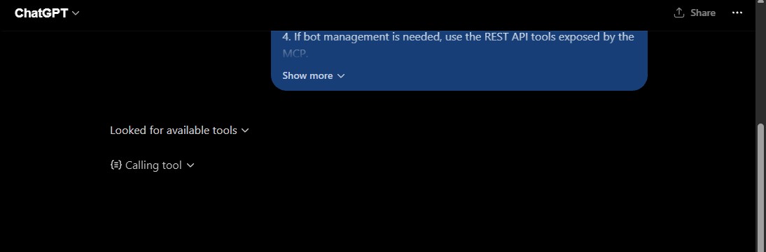 ChatGPT connected to TeleBot Studio MCP — all 26 tools available