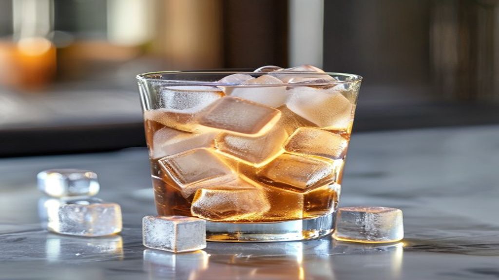 Close-up of cubelet ice filling a glass of iced soda