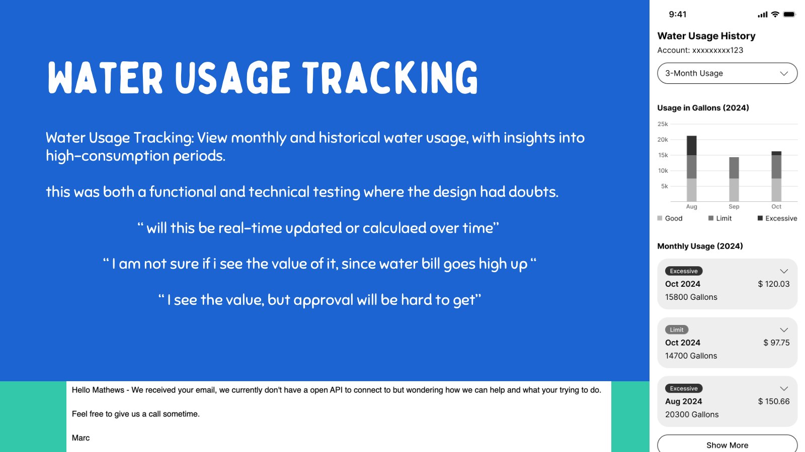 Water usage testing screens