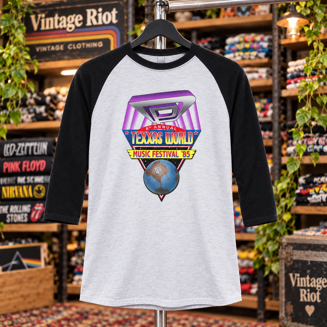 1985 Texxas Jam Retro Raglan Shirt — Cotton Bowl, Dallas — illustrative front view