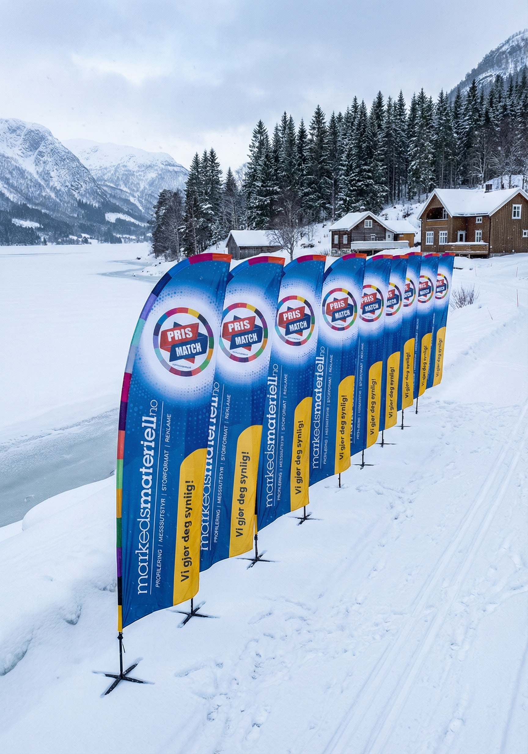 Rekke med beachflagg plassert langs en skiløype i snødekt norsk vinterlandskap