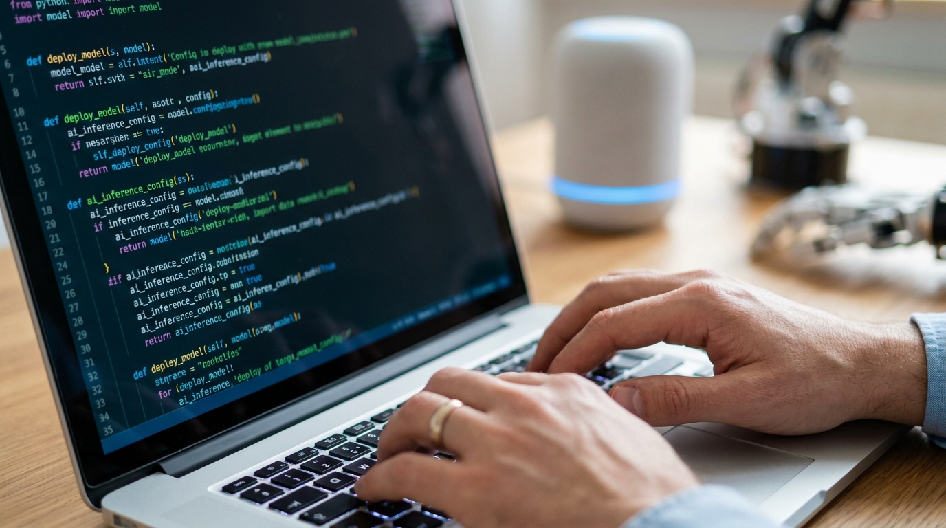Developer coding on a laptop, with AI deployment code on screen, hinting at building applications with Liquid AI d1 decision models.