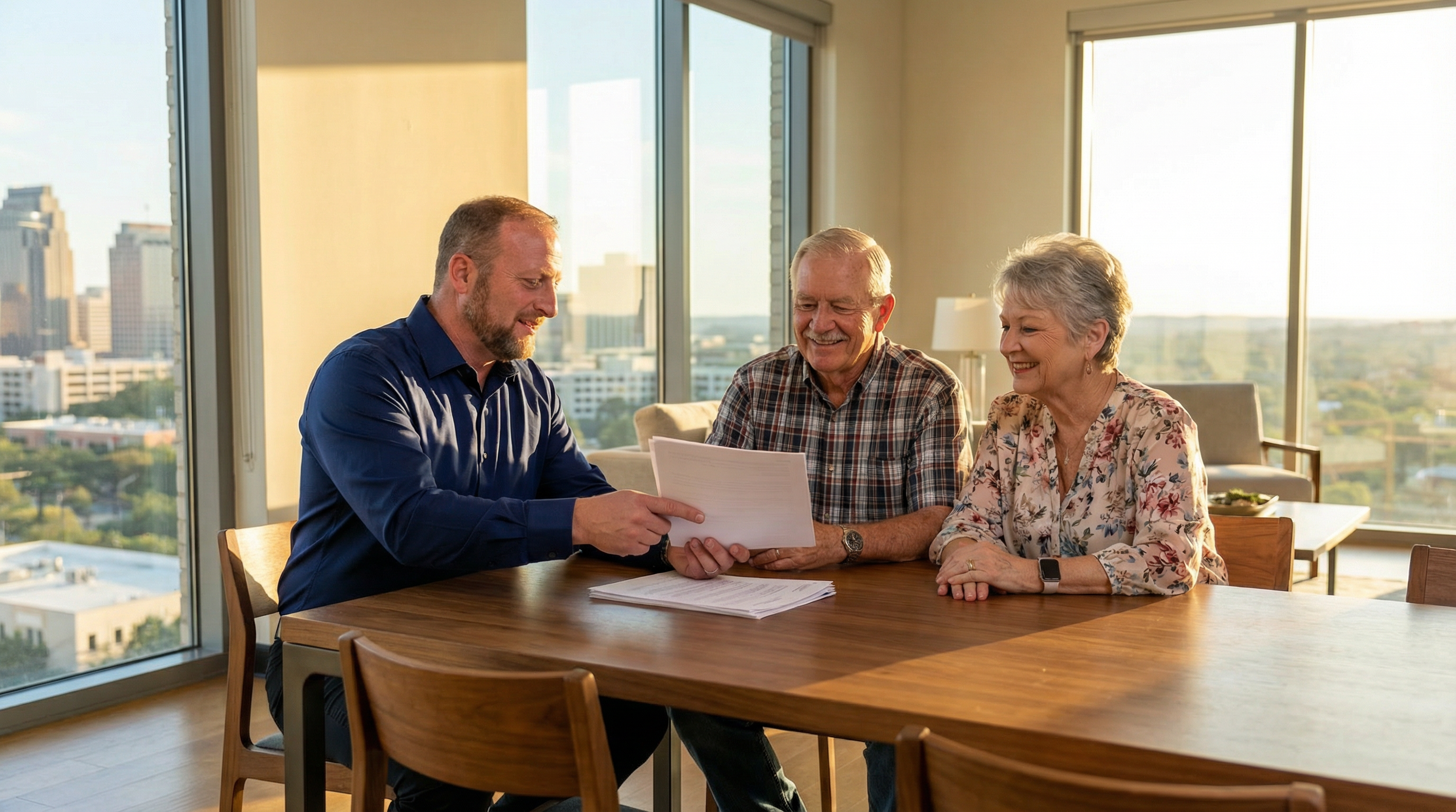 Christopher Beal, veteran REALTOR, reviewing property tax exemption documents with a veteran couple in San Antonio