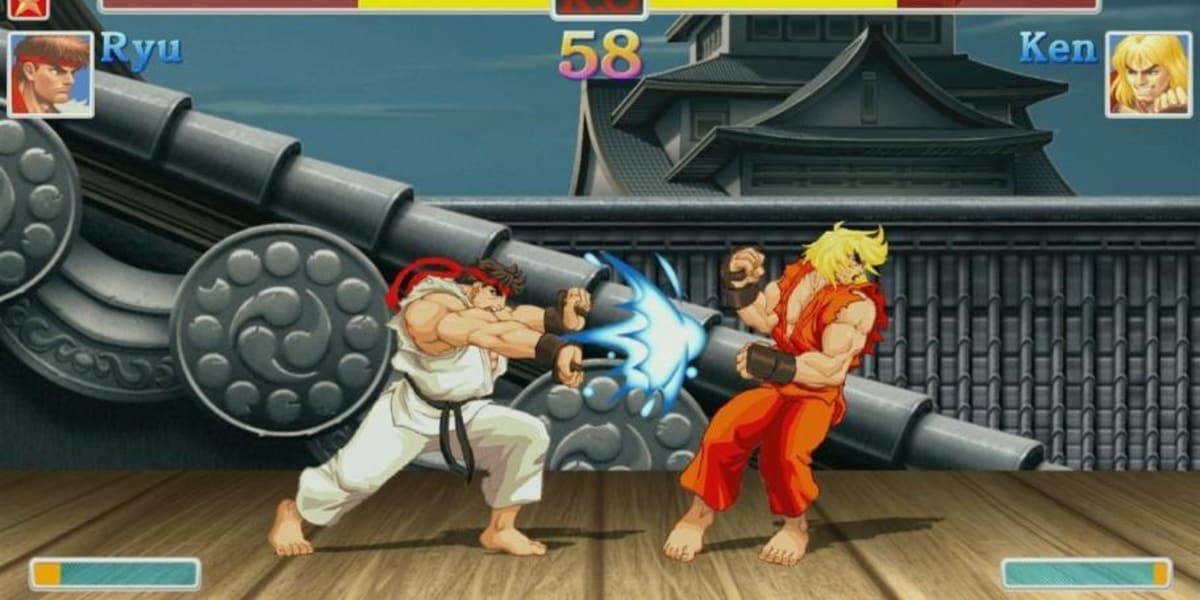 Street Fighter 2 Ryu throwing a Hadouken hitting Ken