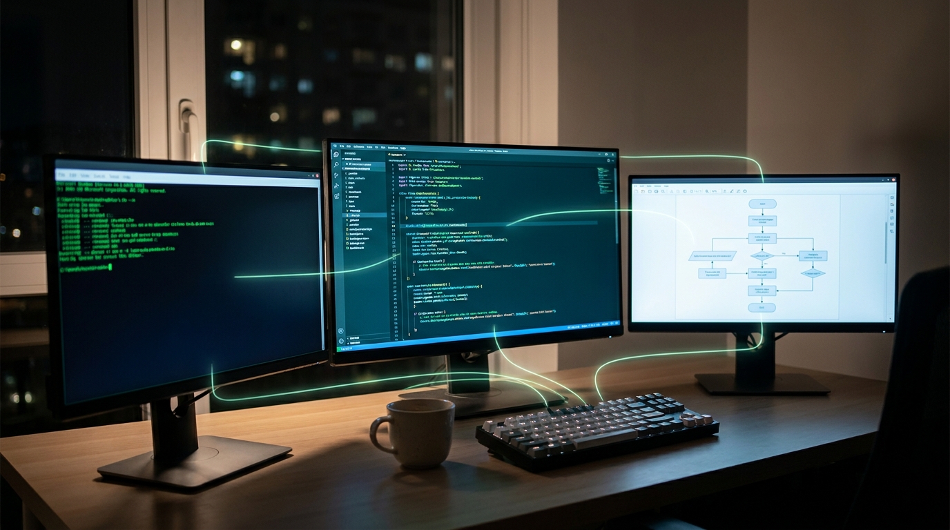Developer working on a command-line interface with Google Workspace CLI, integrating AI agents and applications, showcasing the technical side of Google Workspace Intelligence.