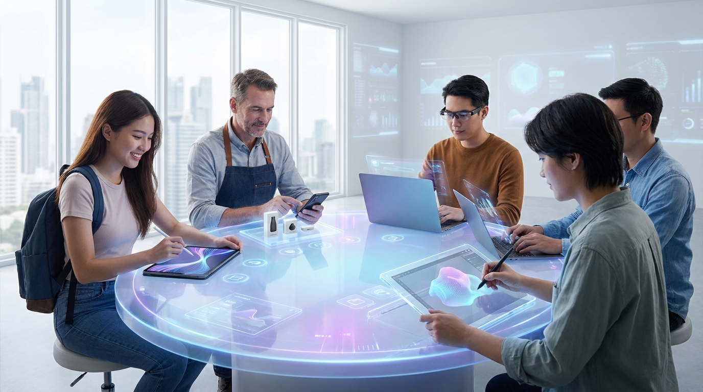 Diverse creators using various AI Art Generators 2026 on futuristic devices, collaborating on digital art projects.