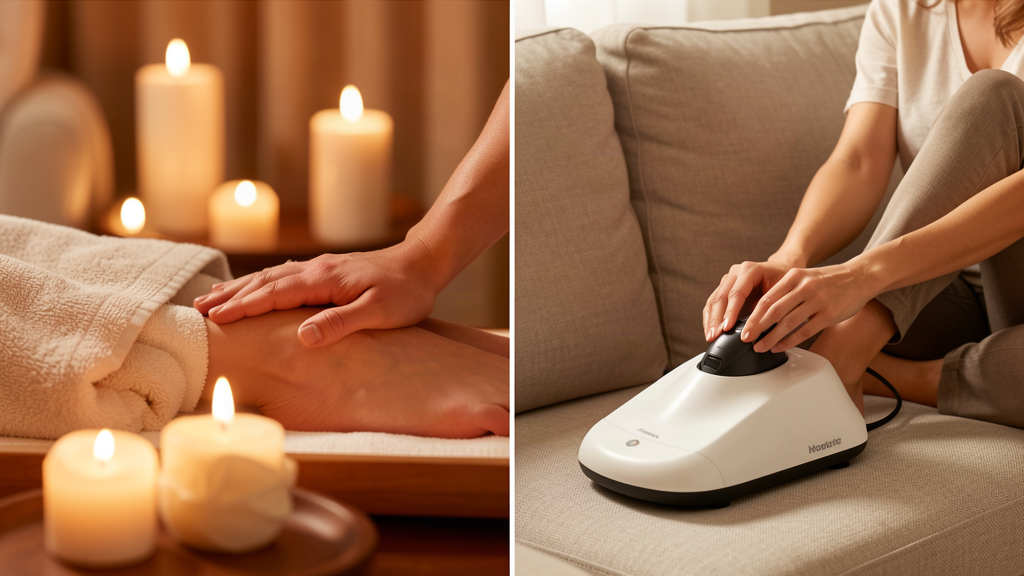 professional foot massage at a spa next to an at-home foot massager in a living room