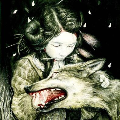 Girl with ram horns looks down, her hand forced down a wolf's mouth as he chokes, she's caressing him with her opposing hand