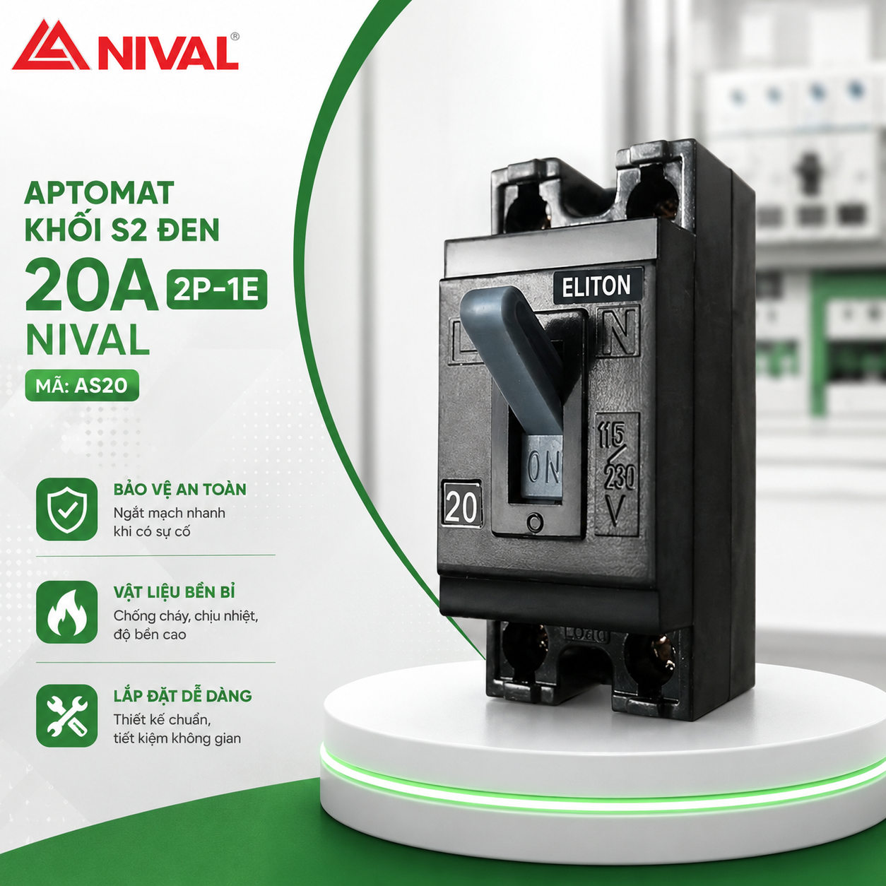 Aptomat khối S2 đen 20A 2P-1E Nival