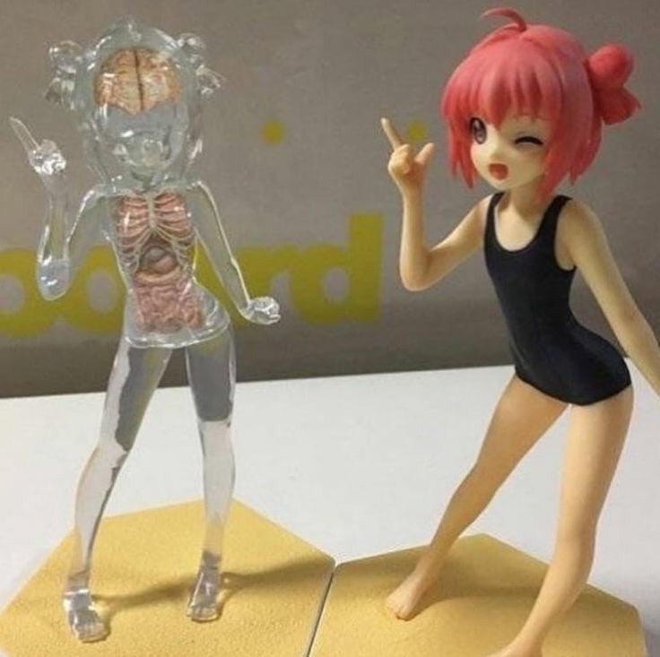 Anime girl figure making a confident pose, her thumb and index fingers splayed out in a cheerful hand gesture (I forgot what you call it), and her transparent body beside her shows off all her lovely vital organs
