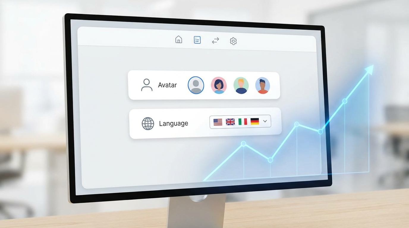 Google Vids user interface showing AI avatar customization and language options