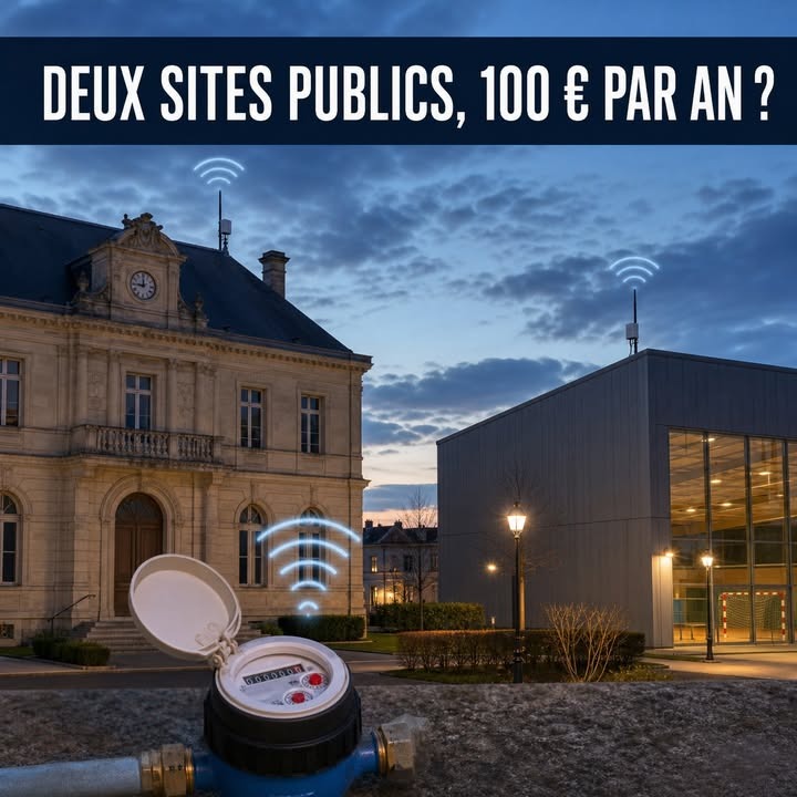 Un compteur d'eau ouvert au premier plan émet des ondes sans fil vers une vieille mairie et un bâtiment moderne en arrièreplan.