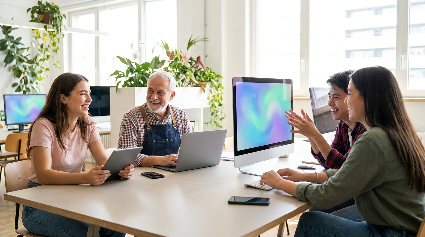 Diverse creators and small business owners empowered by accessible GPT-5.6 models, using AI for various tasks.