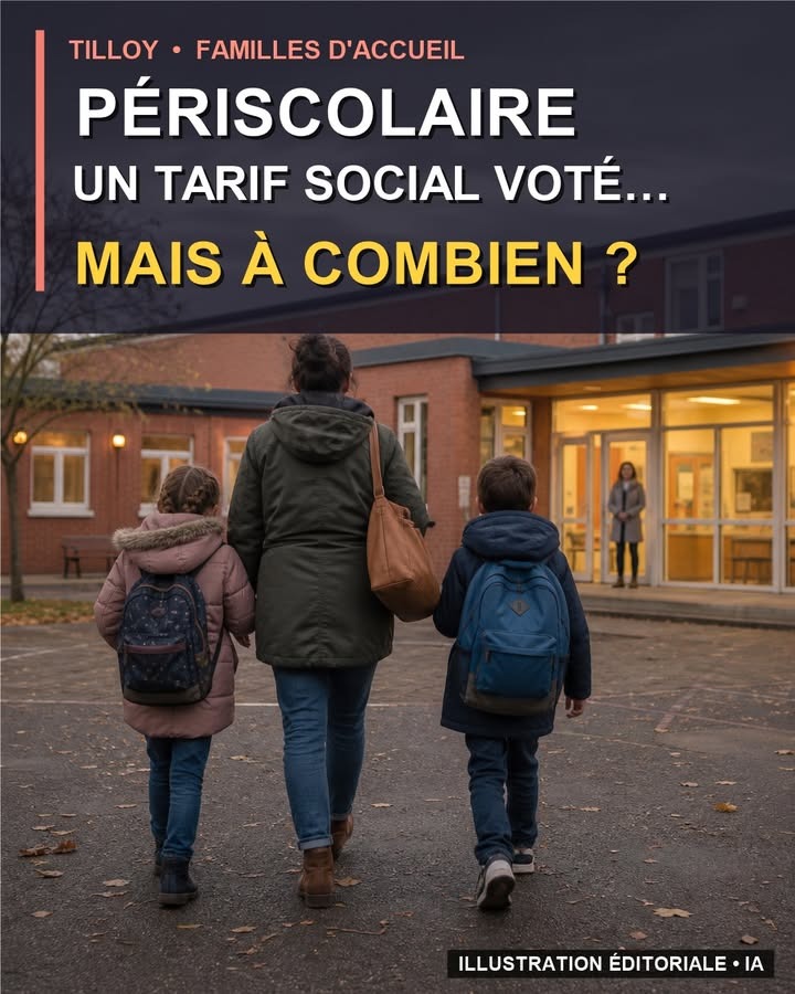 Une femme et deux enfants portant des sacs à dos marchent vers l'entrée d'un bâtiment scolaire, vue de dos.