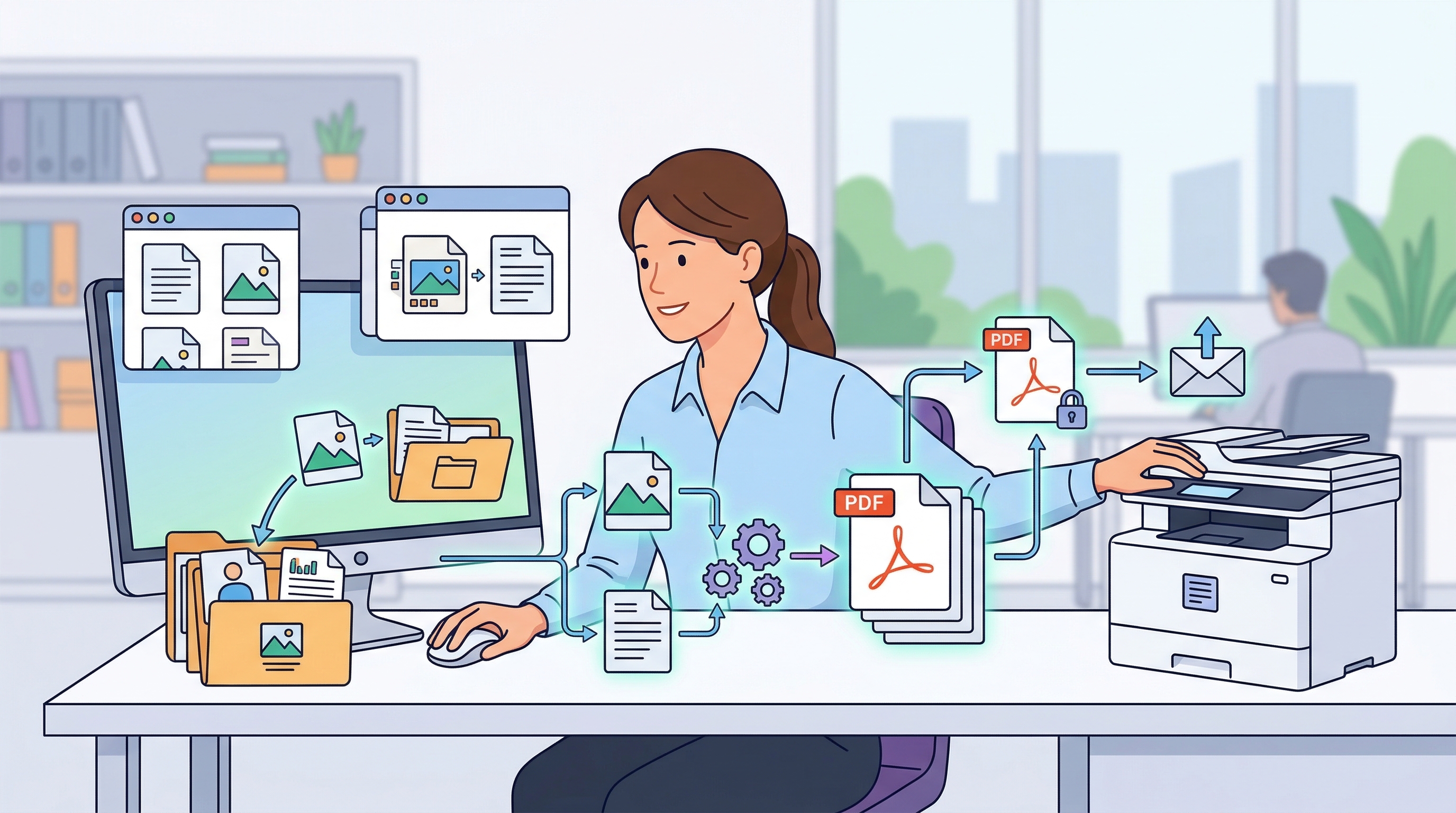 整理图片和附件并生成 PDF 材料包的场景插图