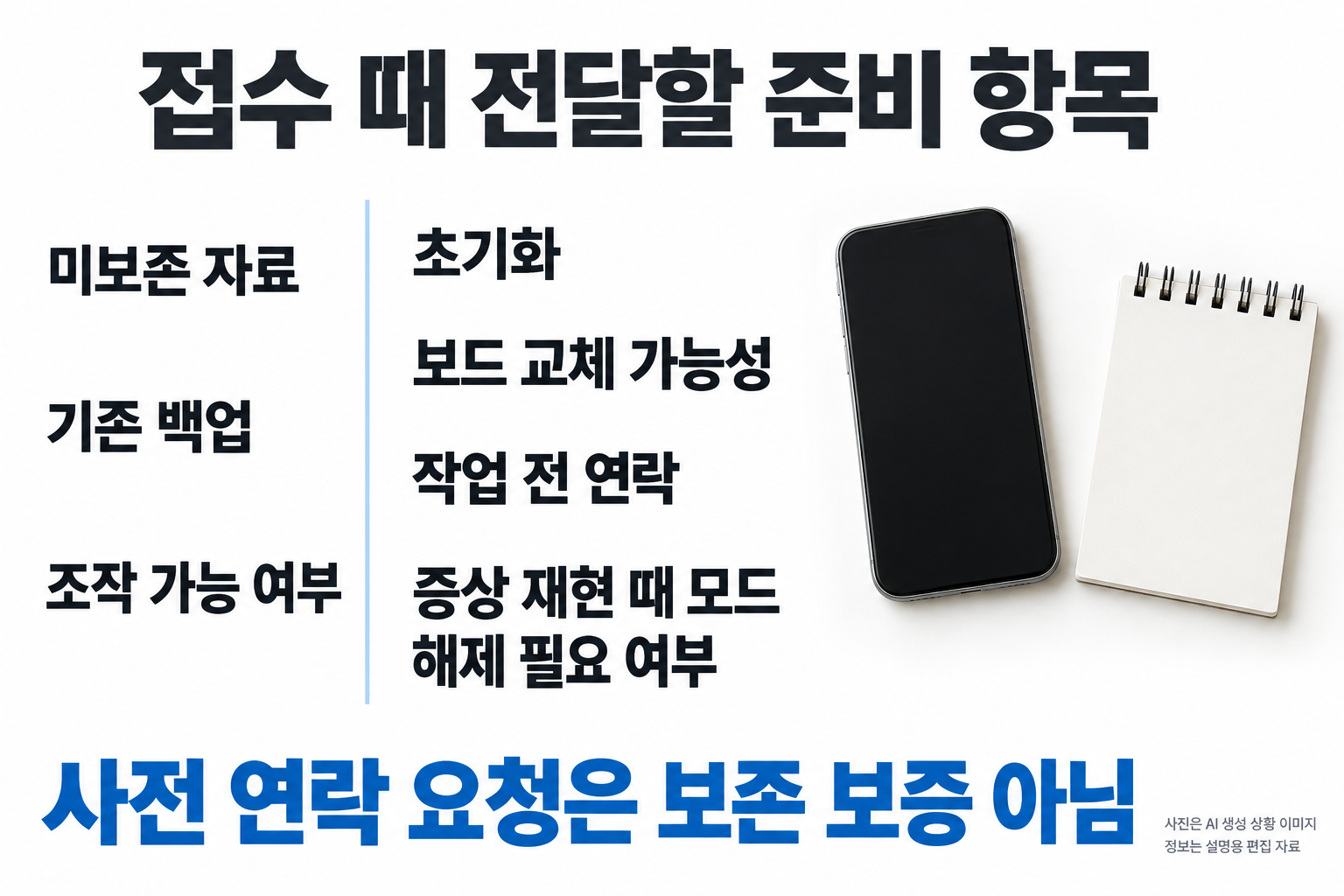 접수 때 전달할 준비 항목. 큰 두 단: 미보존 자료·기존 백업·조작 가능 여부 / 초기화·보드 교체 가능성·작업 전 연락·증상 재현 때 모드 해제 필요 여부. 옆에는 꺼진 스마트폰과 모형 메모의 근접사진. 상자·작은 입력칸·암호란·기관로고·접수완료 없음. 사전 연락 요청은 보존 보증 아님을 크게.