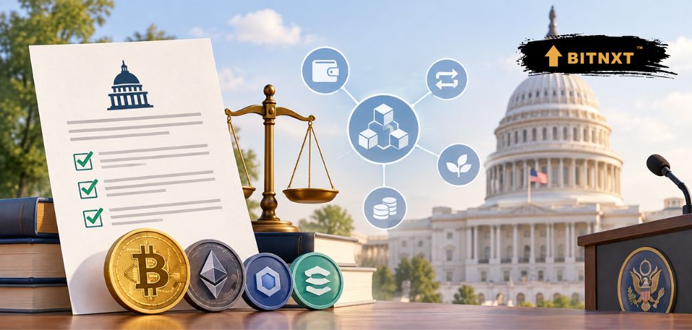 CLARITY Act DeFi regulation concept with U.S. Capitol, legal document, balance scales, and decentralized finance symbols.