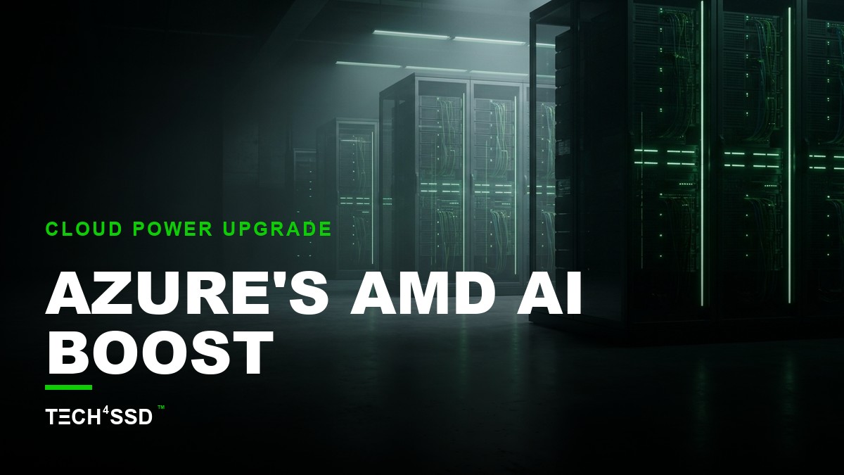 Futuristic data center interior with glowing server racks labeled HDv2, HXv2, and ND MI455X v7, symbolizing Azure AMD AI infrastructure expansion.