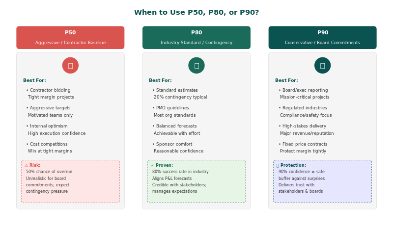 Use case matrix showing when to apply P50 P80 and P90 confidence levels for different project decisions