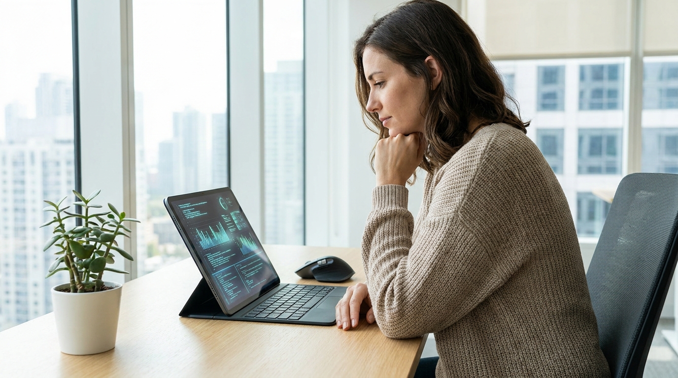 A creator thoughtfully examining AI code on a tablet, symbolizing understanding of Claude Fable 5's implications.