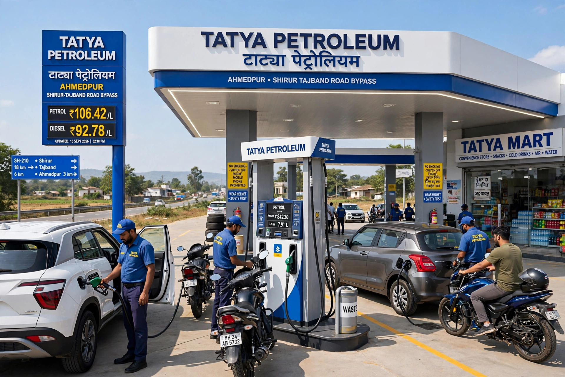 Tatya Petroleum Ahmedpur daytime forecourt with canopy, fuel dispensers and vehicles refuelling on Shirur Tajband Road Bypass
