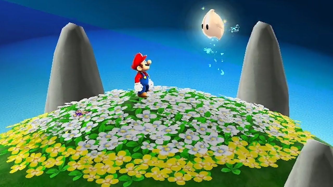 Screenshot from Super Mario Galaxy, of the iconic scene where Mario first meets a Luma above a flower patch