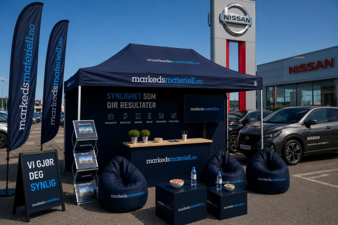 Markedsmateriell — messetelt og beachflagg på sommerfestival
