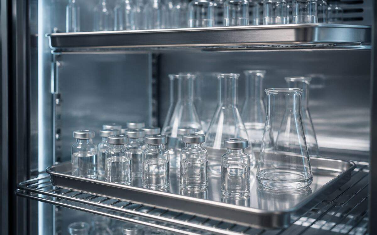 Glass vials and flasks in laboratory storage—Premier Line Research