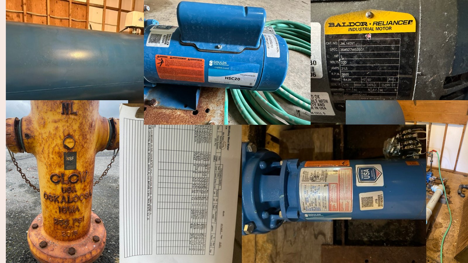 Water equipment photos for pumps, tanks, hydrants, and labels