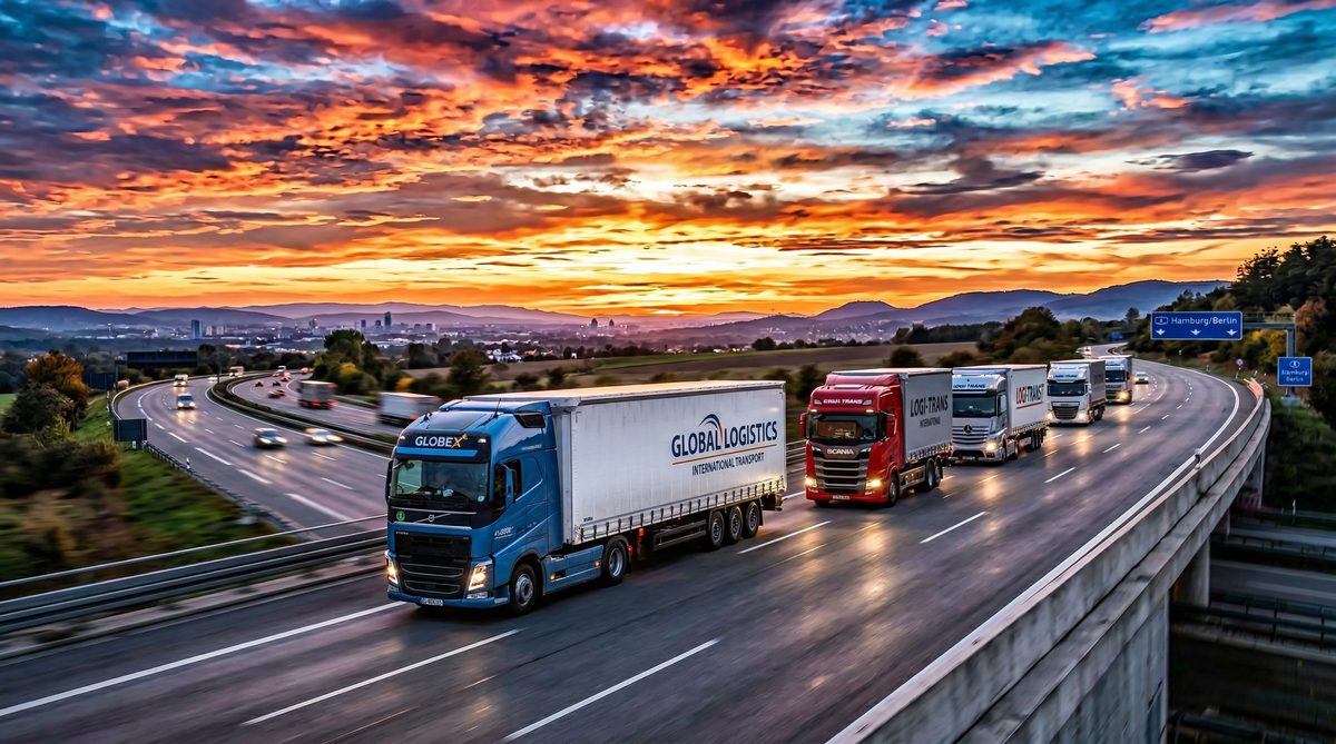 Truck convoy on European highway at sunset — Hanlon logistics operations