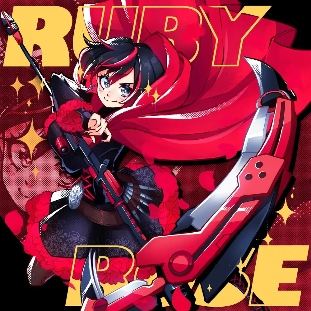 Digital illustration showing Ruby lunging while wielding her scythe.