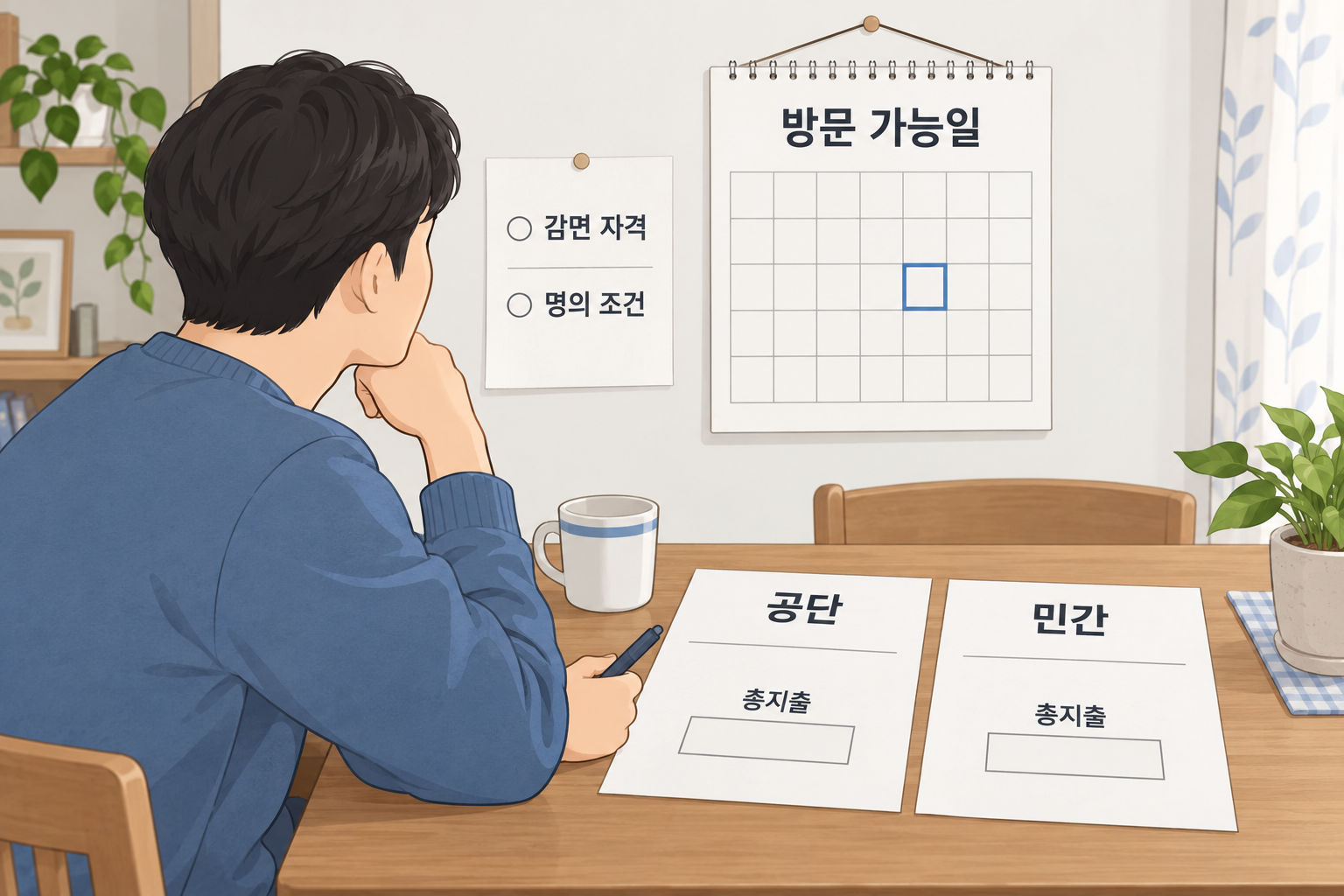 감면 조건과 방문 가능일을 확인하고 두 검사소의 총지출을 비교하는 설명용 장면