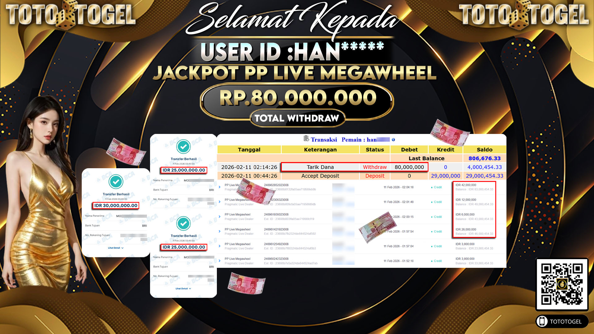 Bukti Pembayaran Jackpot Permainan Pragmatic Live PP Live Megawheel ID:HAN*****LUNAS