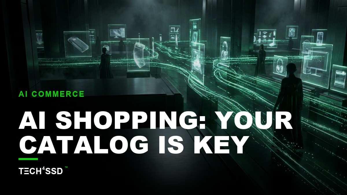 Stylized digital shopping cart with glowing AI neural pathways, product cards with structured data elements, and a futuristic online store interface, representing optimizing product catalogs for AI.