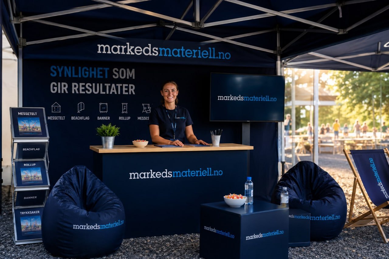 Fornøyd dame bak counter i profesjonelt markedsmateriell.no-telt på festival