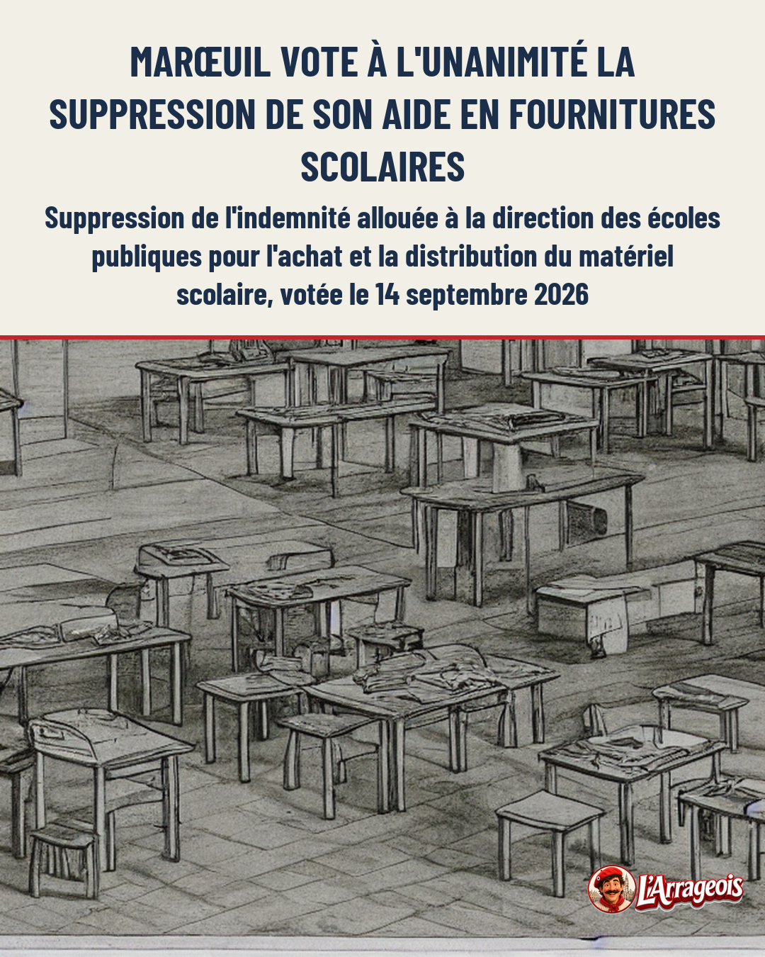 Dessin au fusain représentant une salle de classe vide avec de nombreuses tables et chaises scolaires disposées en rangées.