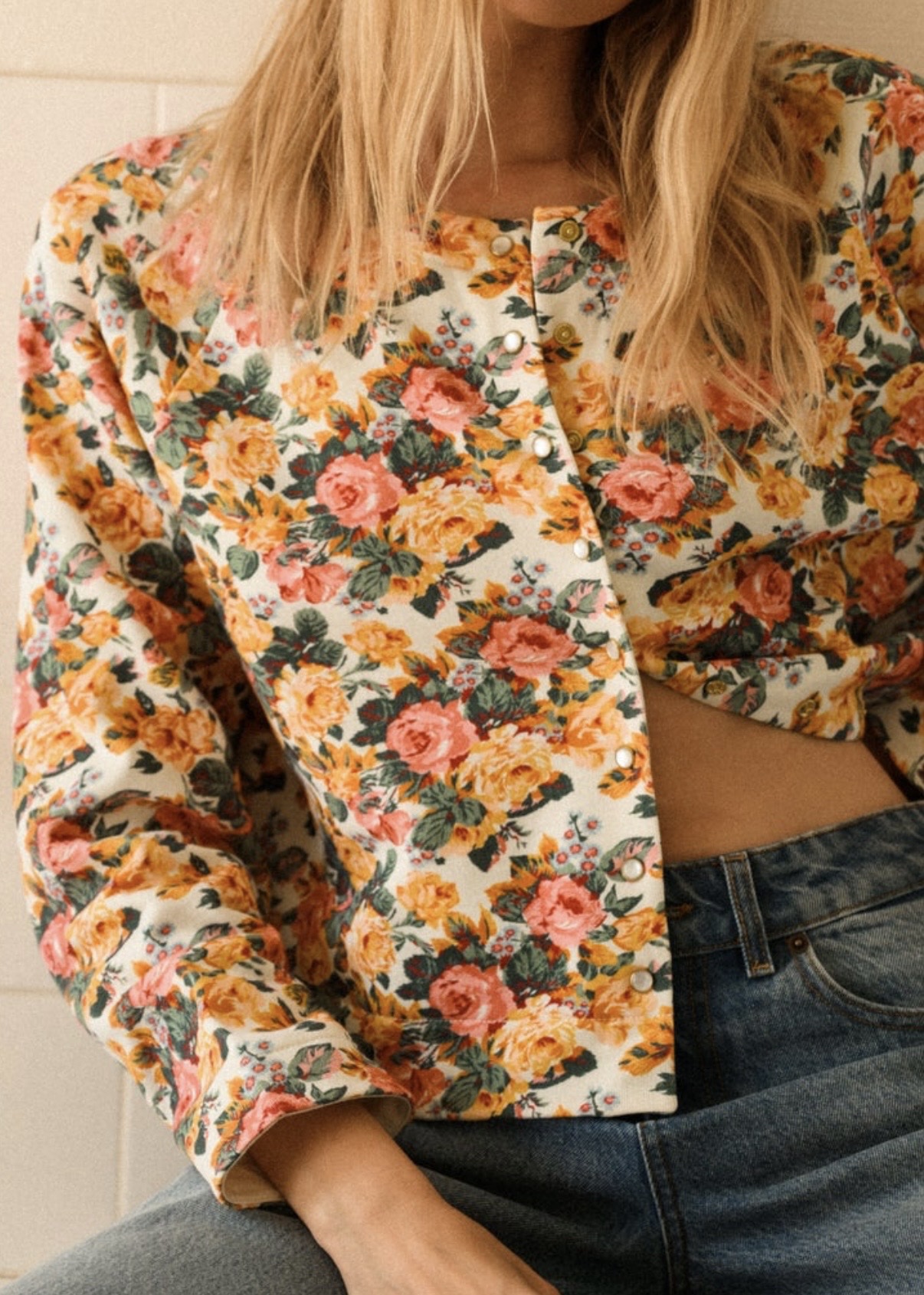 Ysé Faustine jacket in floral printed fabric with pearl buttons