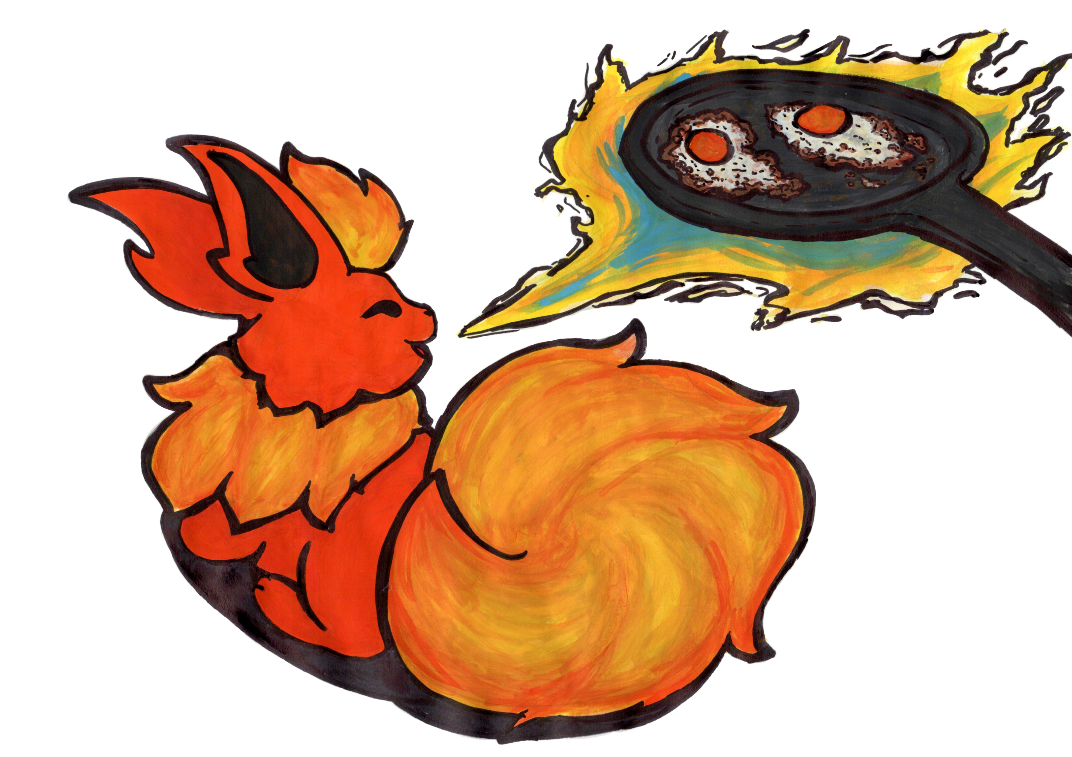 Flareon helping cook breakfast.