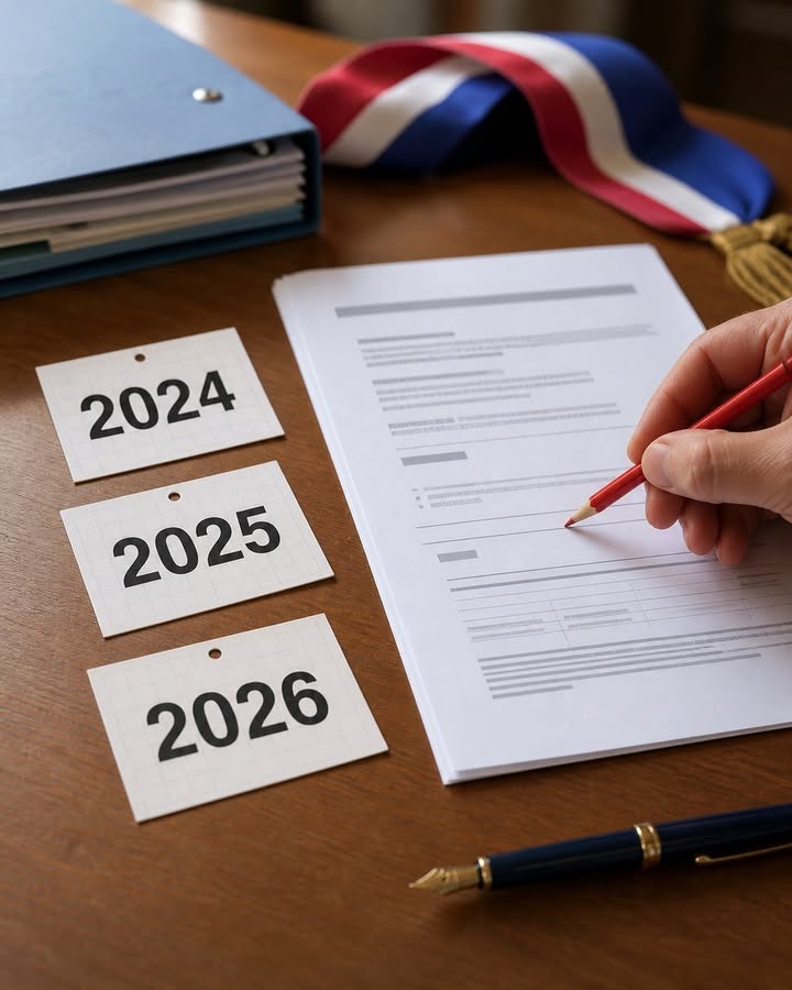 Une main tient un stylo rouge pour remplir un document sur une table, près de cartes datées 2024, 2025 et 2026, un classeur et un ruban tricolore.