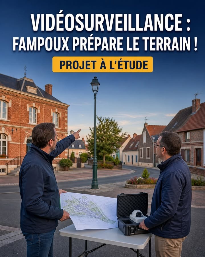 Deux hommes en veste bleue examinent un plan et un boîtier de caméra sur une table, devant une place pavée avec des maisons en briques.
