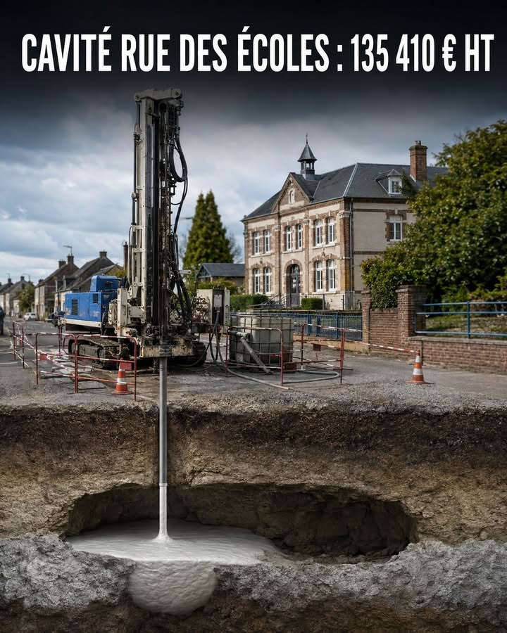 Une machine de forage injecte du béton dans une cavité creusée dans la chaussée, devant une maison et des barrières de sécurité.