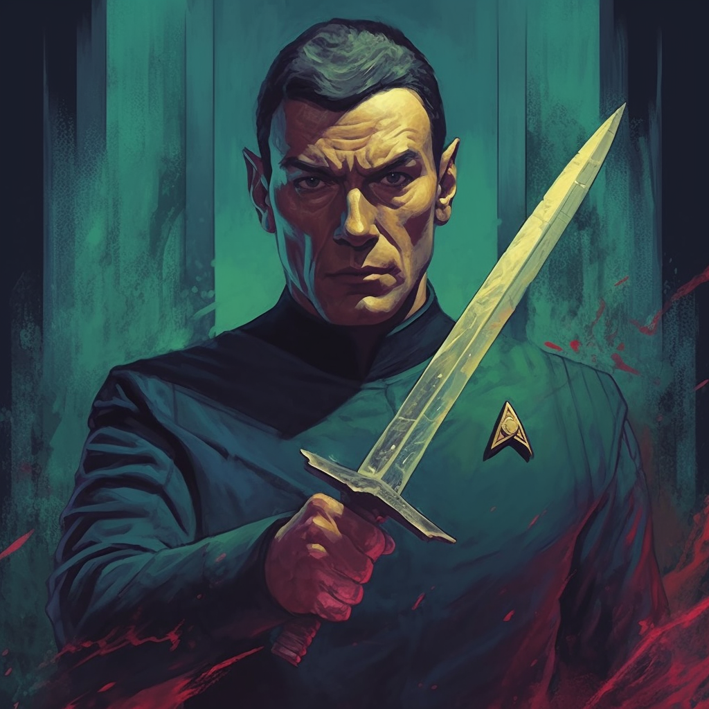 Spock from Star Trek holding up a short sword