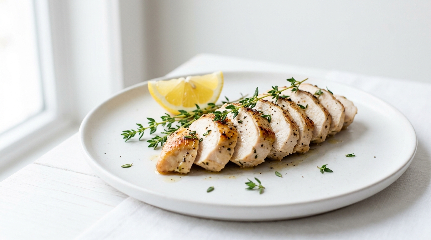 What Happens When You Eat Chicken Every Day Perfectly cooked sliced chicken breast with fresh thyme sprigs and lemon slice on white plate