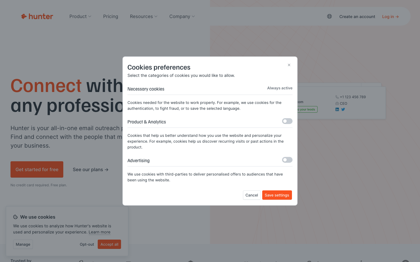 Hunter.io homepage