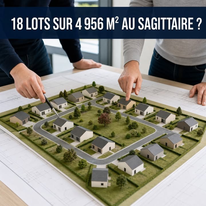 Deux personnes pointent un maquette d'un lotissement résidentiel avec des maisons, des arbres et des routes sur une table.