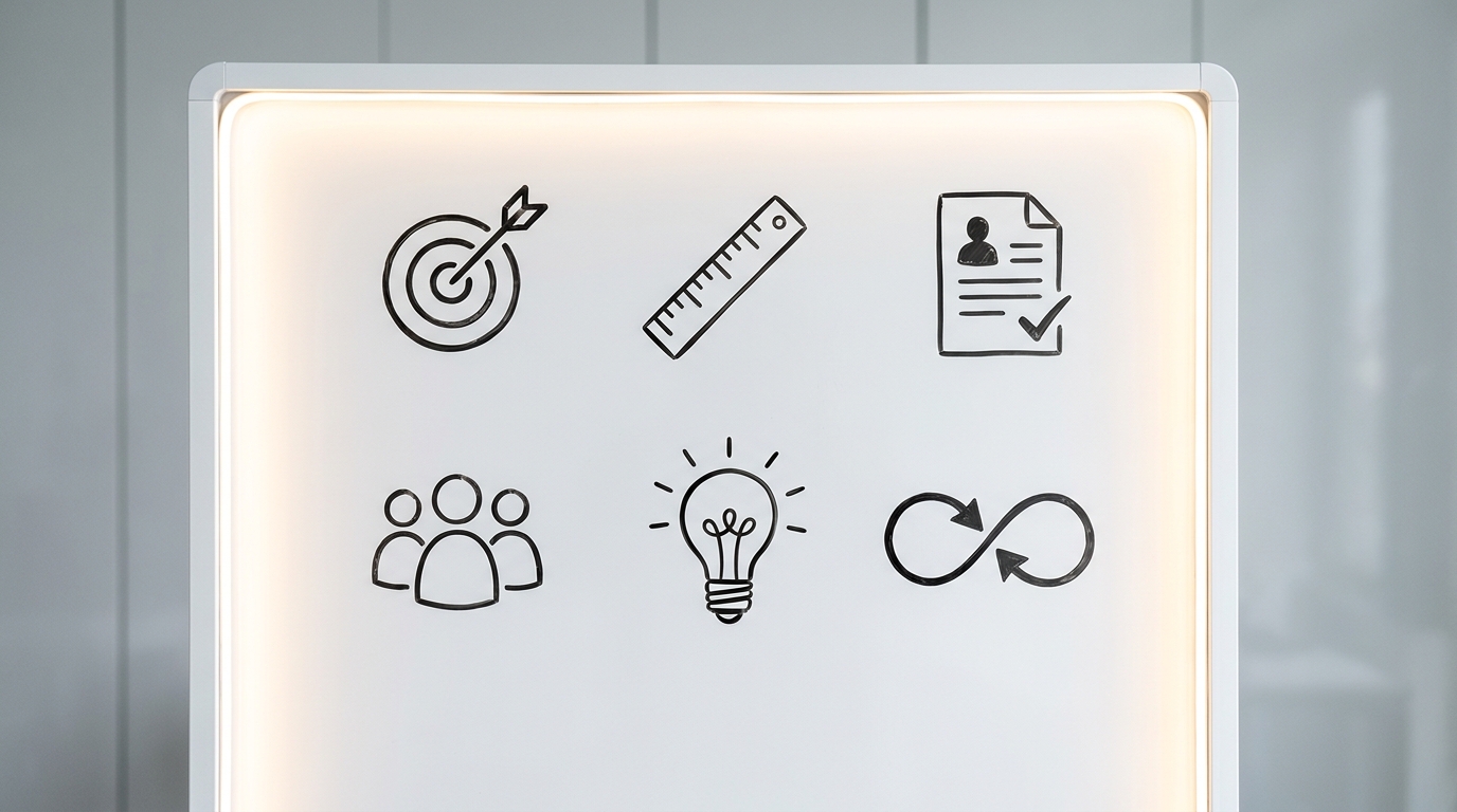 Whiteboard illustrating six steps to scale AI workflows, including defining outcomes and building human systems.