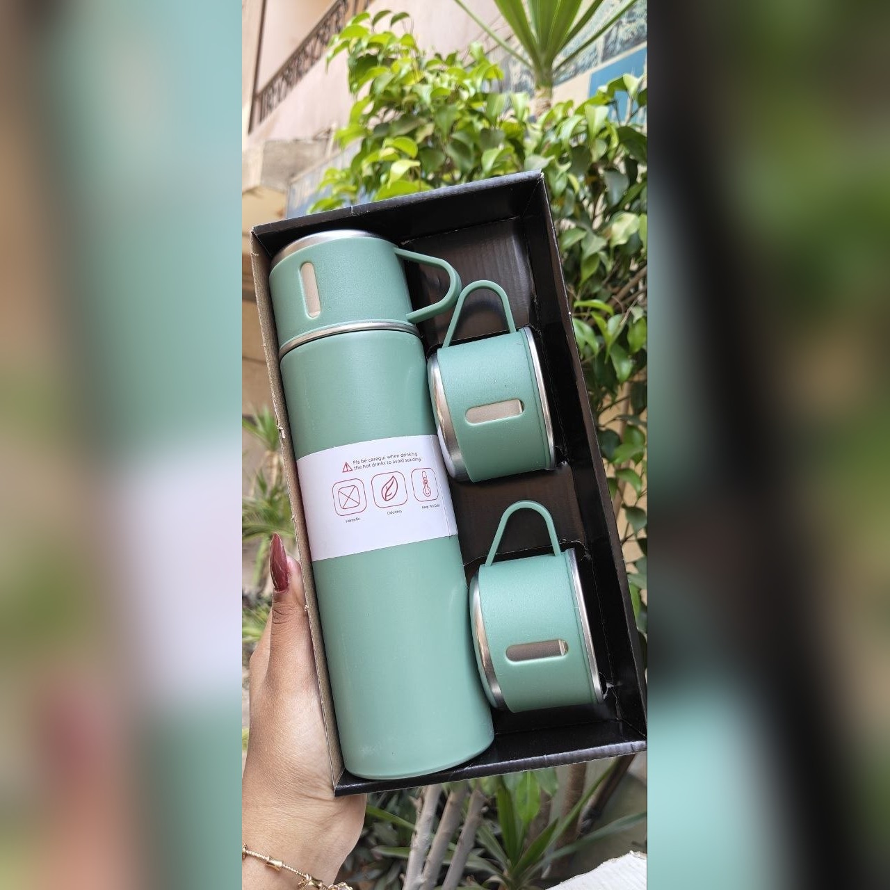 طقم ترمس حراري استانلس ستيل مع 2 كوب