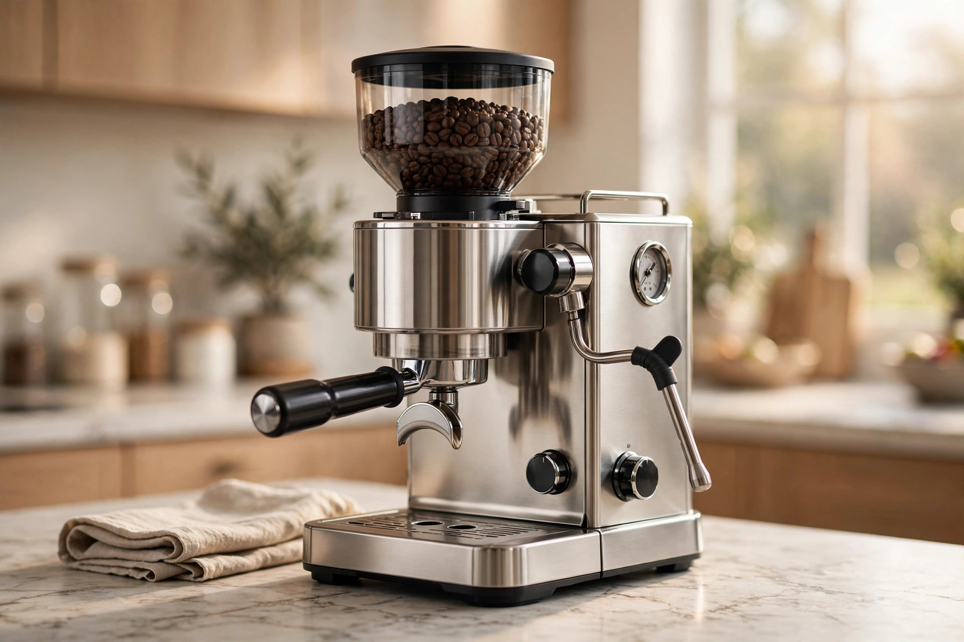 Breville Barista Express espresso machine with built-in grinder on a kitchen counter