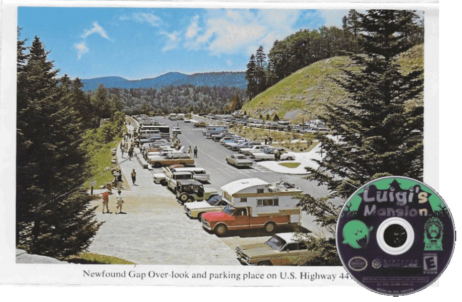 postcard of a parking lot on U.S. highway 441 with a Luigi's Mansion cd rotating in the bottom right corner